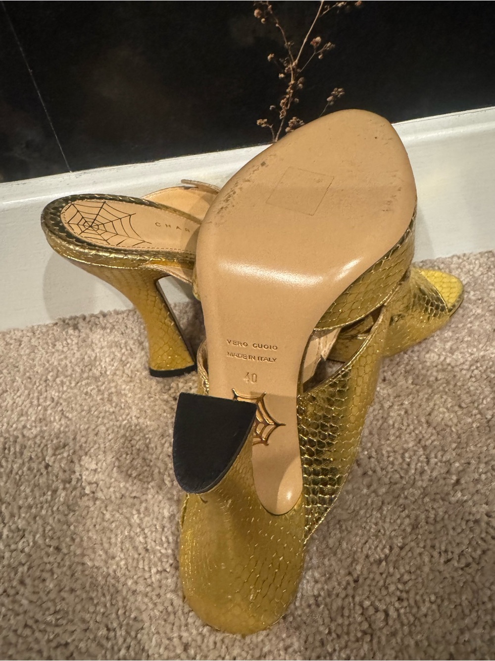 Charlotte Olympia Gold Snake-Embossed High Heel Mules